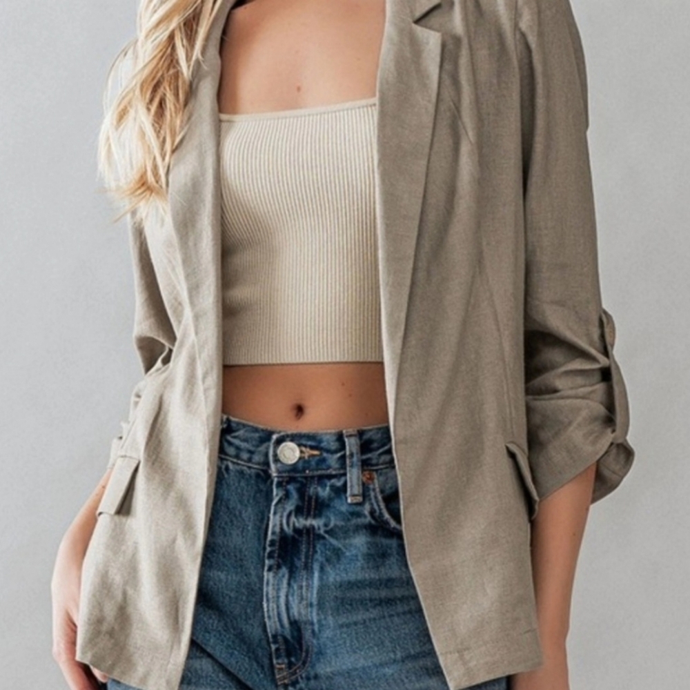 #49 🛑L Boho Linen Open Front Roll Tab Sleeve Blazer